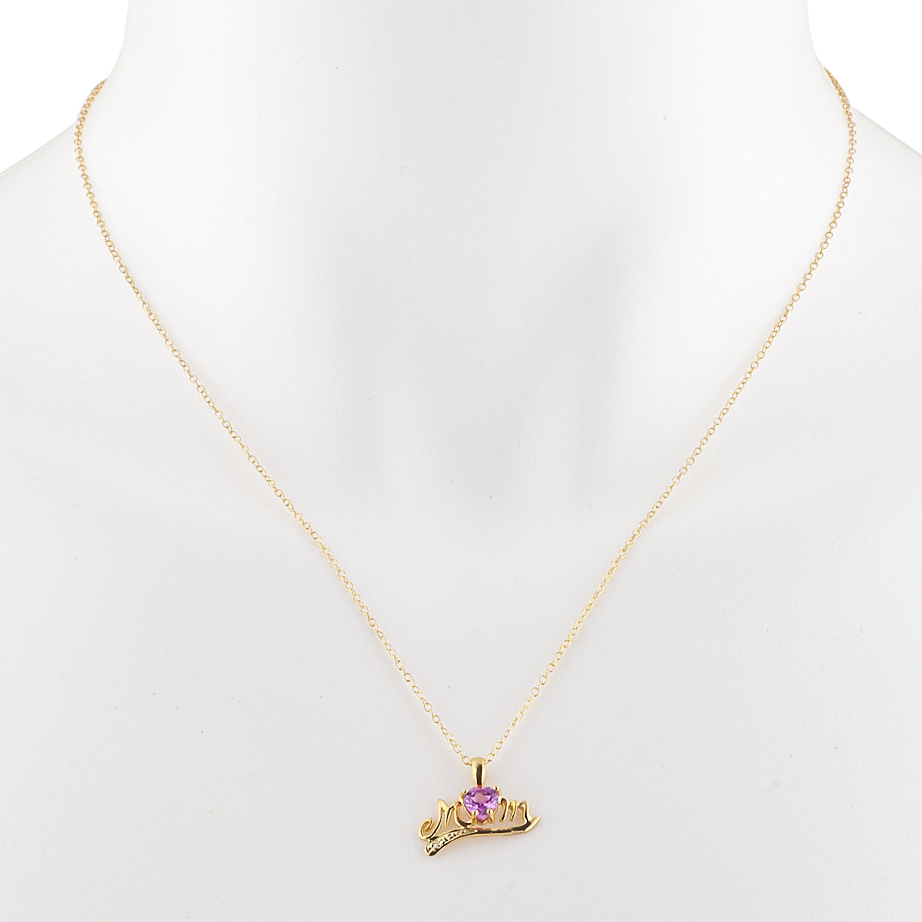 14Kt Gold Pink Sapphire & Diamond Heart Mom Pendant Necklace