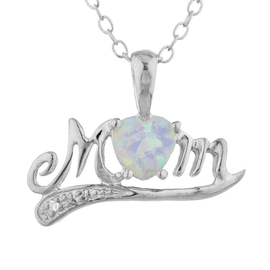 Opal & Diamond Heart Mom Pendant .925 Sterling Silver