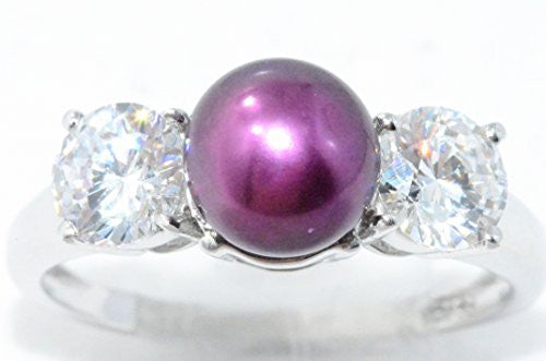 7.5mm Fuchsia Freshwater Pearl & Zirconia Ring .925 Sterling Silver Rhodium Finish