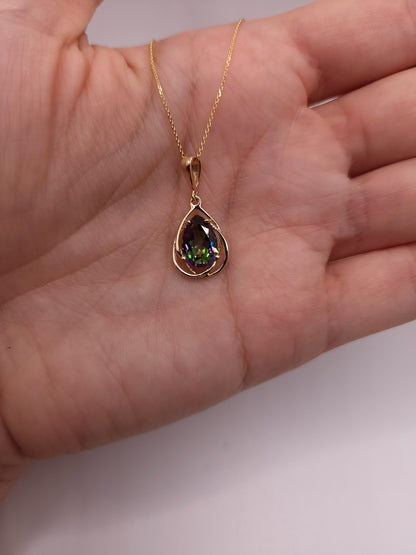 14Kt Gold 2 Ct Natural Mystic Topaz Pear Teardrop Design Pendant Necklace