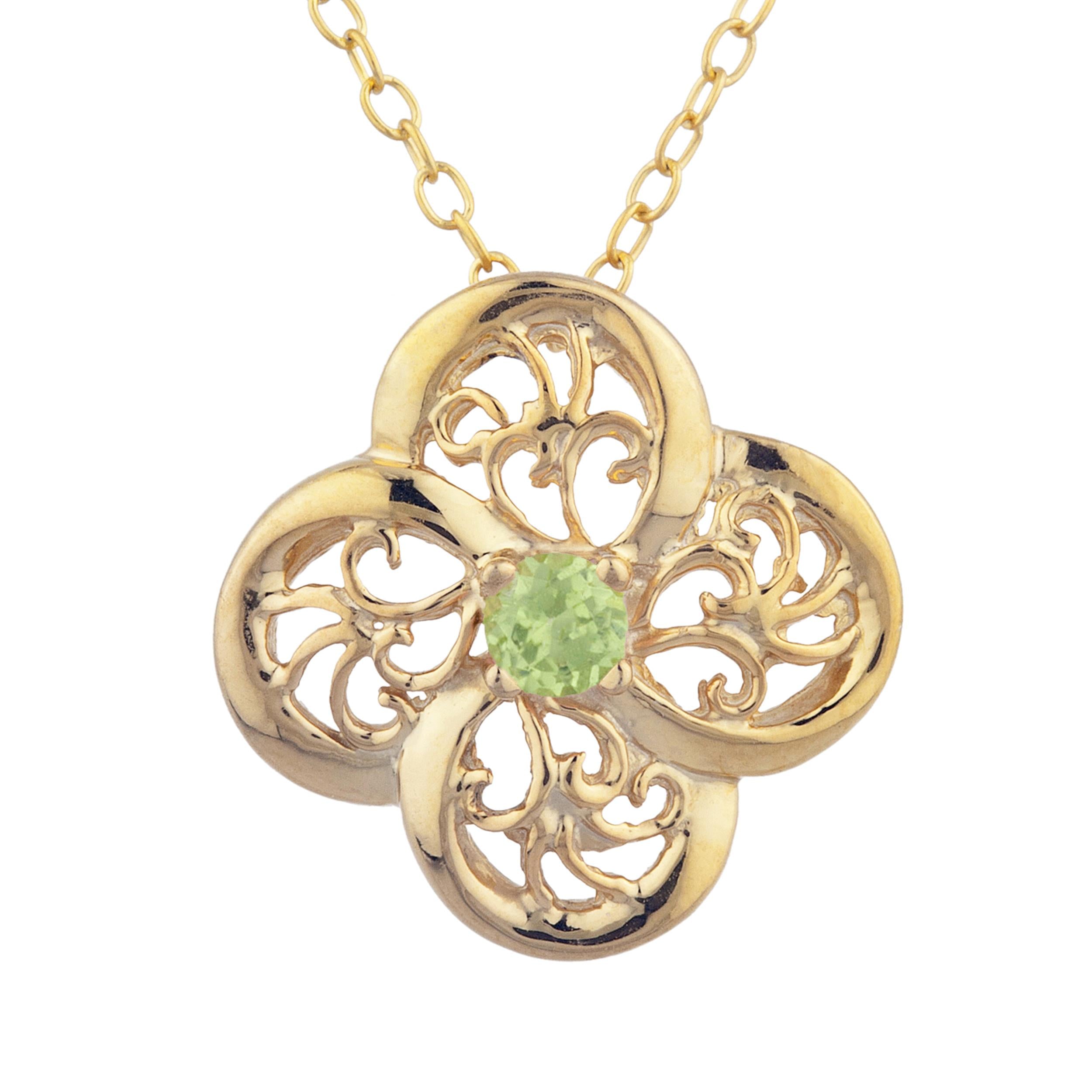 14Kt Gold Peridot Clover Design Pendant Necklace