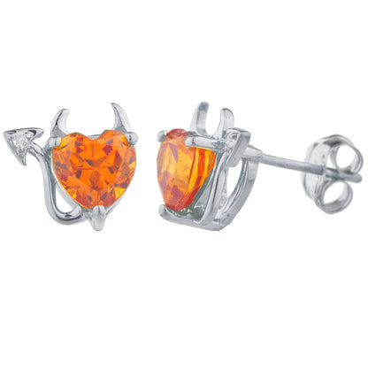 Orange Citrine & Diamond Devil Heart Stud Earrings .925 Sterling Silver