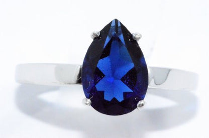 2 Ct Created Blue Sapphire Pear Ring .925 Sterling Silver Rhodium Finish