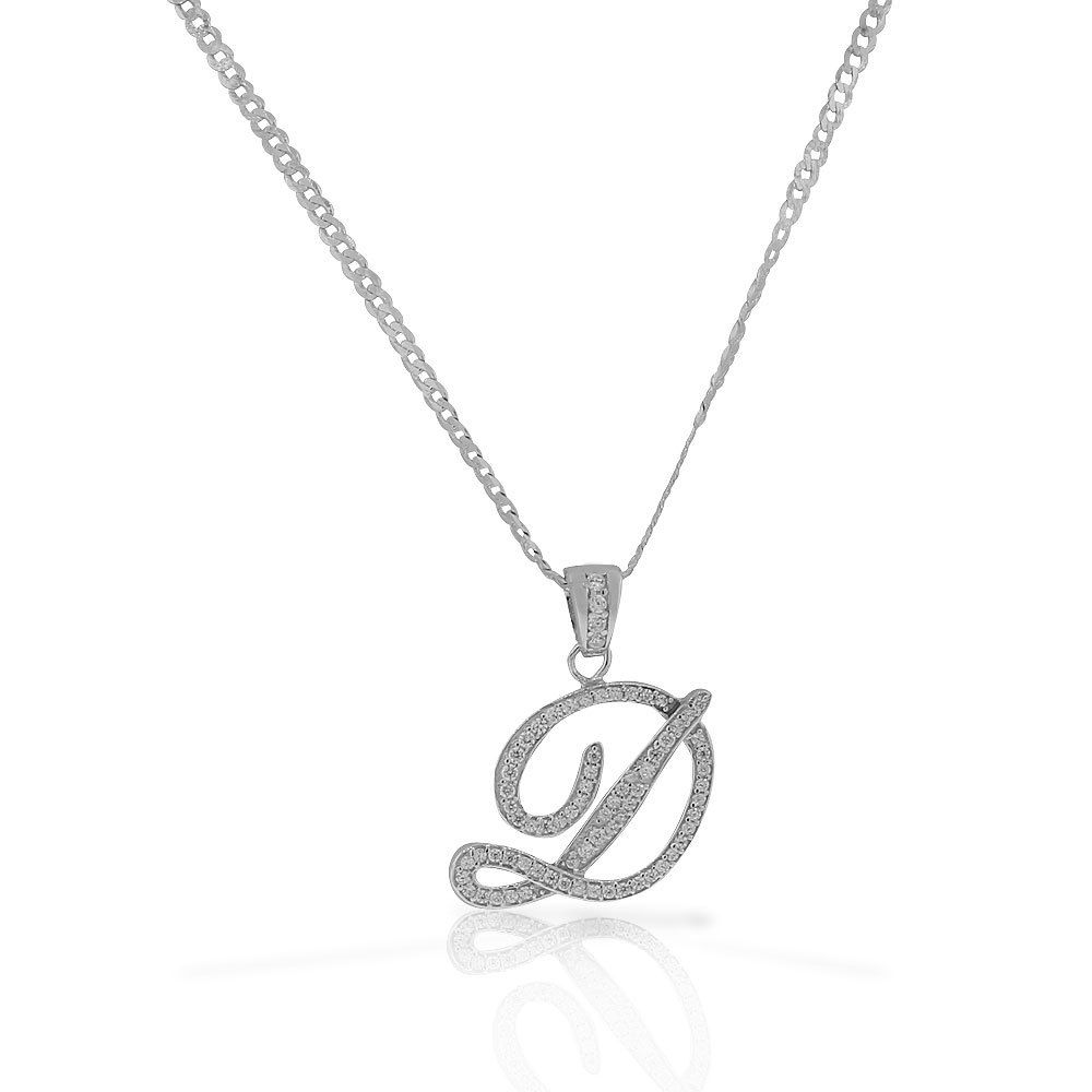 Letter D Cursive Initial CZ Pendant .925 Sterling Silver