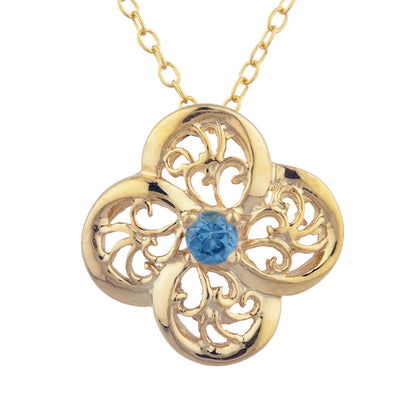 14Kt Gold London Blue Topaz Clover Design Pendant Necklace