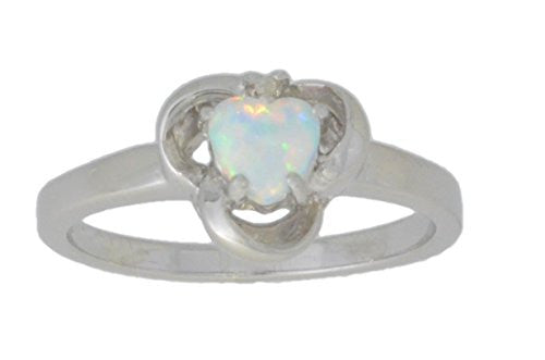 5mm Opal Heart & Diamond Heart Ring .925 Sterling Silver Rhodium Finish