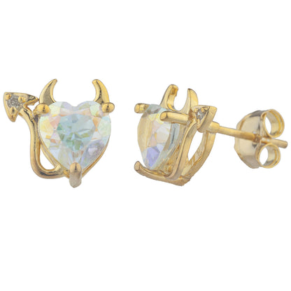 Natural Mercury Mist Mystic Topaz & Diamond Devil Heart Stud Earrings 14Kt Yellow Gold Plated