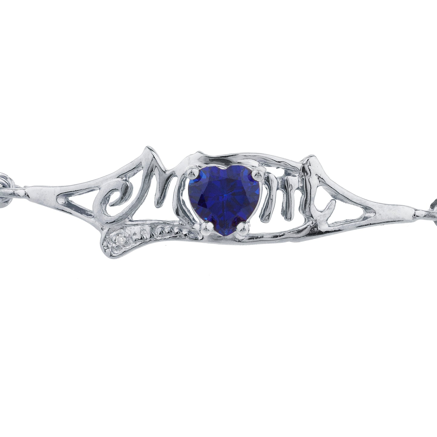 Blue Sapphire & Diamond Heart Mom Bracelet .925 Sterling Silver