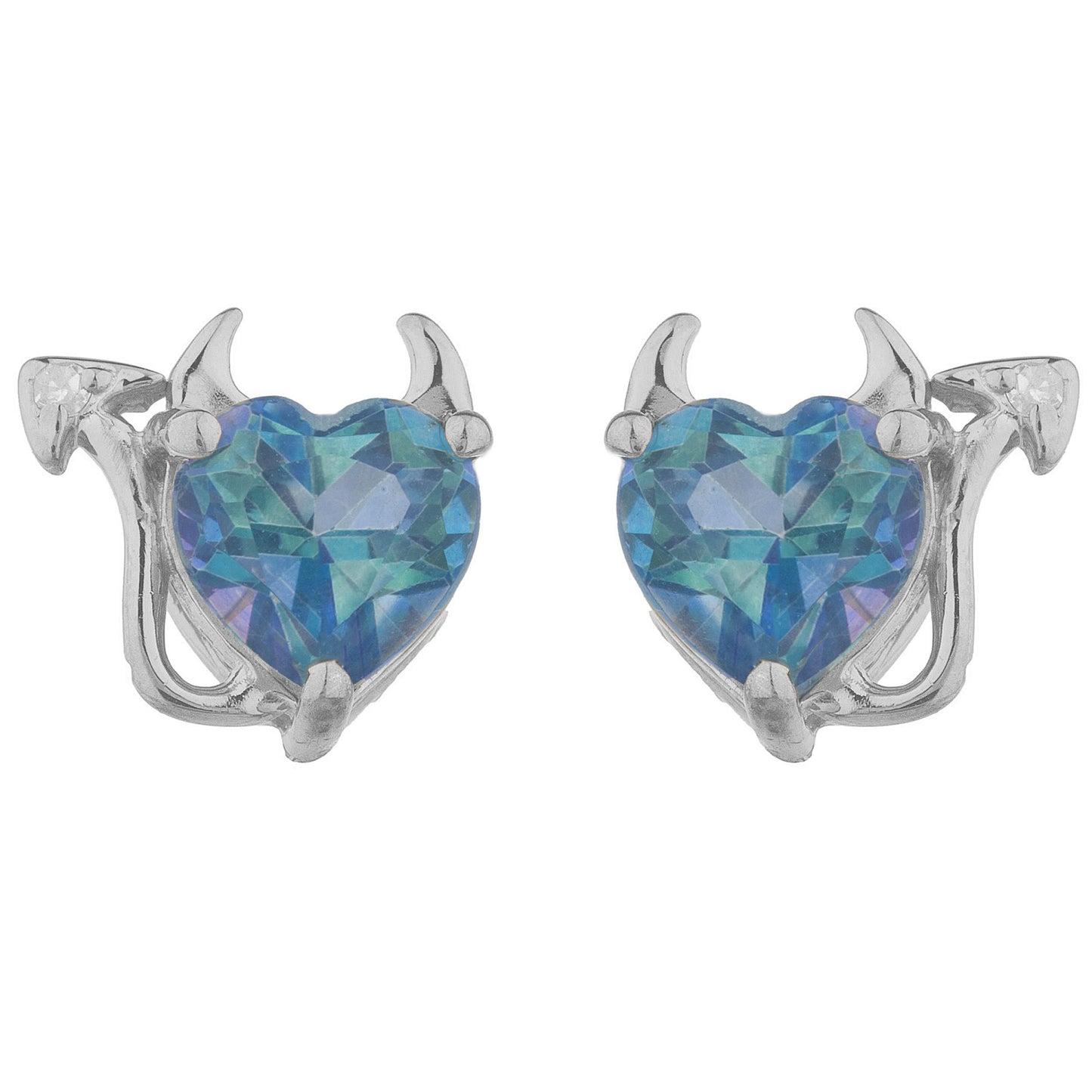 Natural Blue Mystic Topaz & Diamond Devil Heart Stud Earrings .925 Sterling Silver