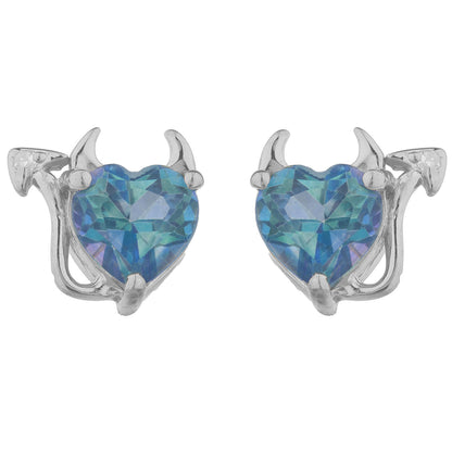 Natural Blue Mystic Topaz & Diamond Devil Heart Stud Earrings .925 Sterling Silver