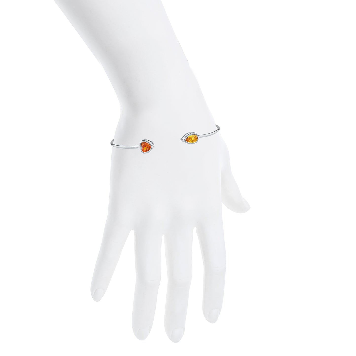 Orange Citrine Heart & Yellow Citrine Pear Bezel Bangle Bracelet .925 Sterling Silver Rhodium Finish