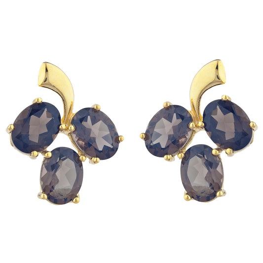 14Kt Yellow Gold Plated Genuine Smoky Topaz Oval Design Stud Earrings