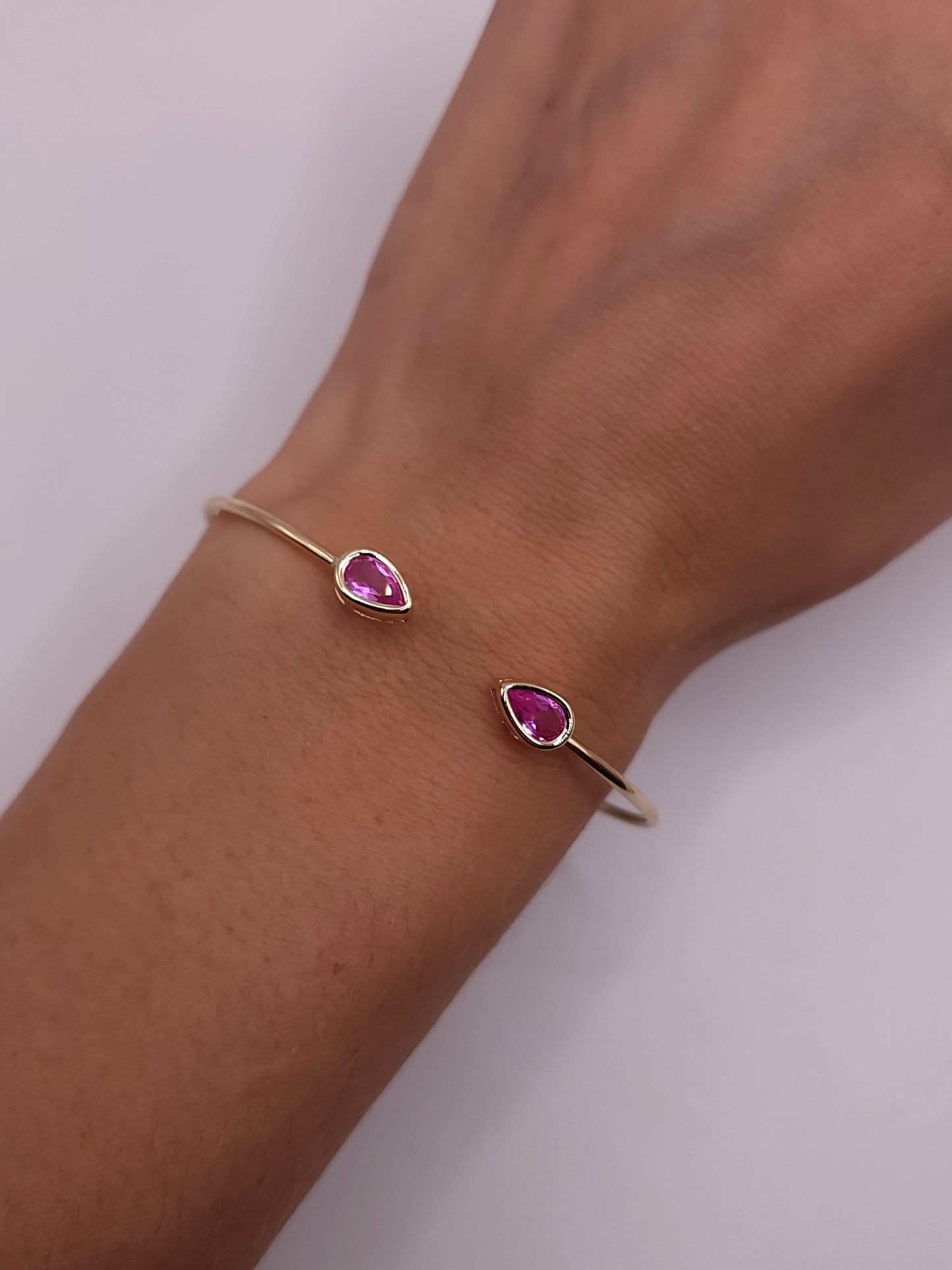 14Kt Gold Pink Sapphire Pear Bezel Bangle Bracelet