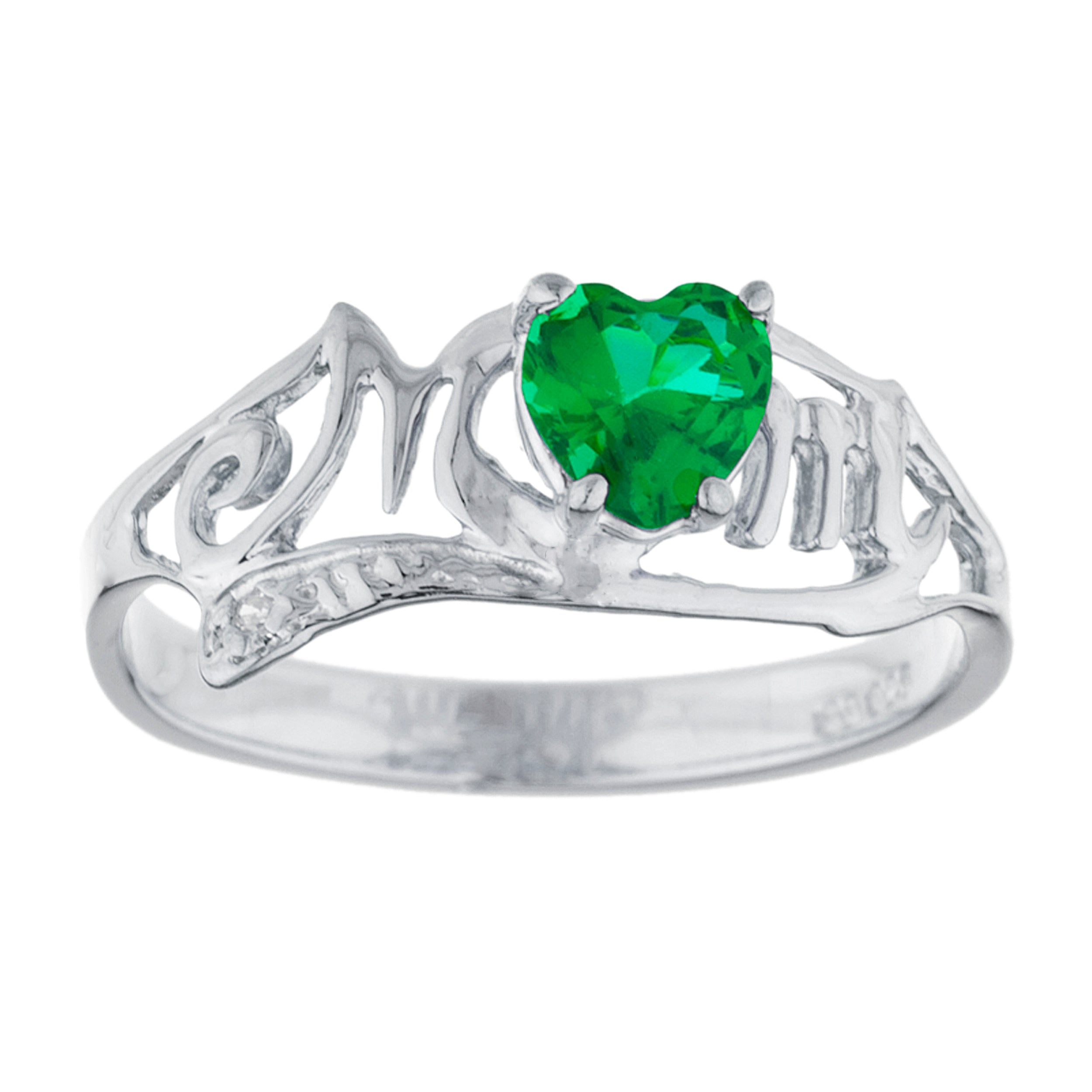 14Kt Gold Emerald & Diamond Heart Mom Ring