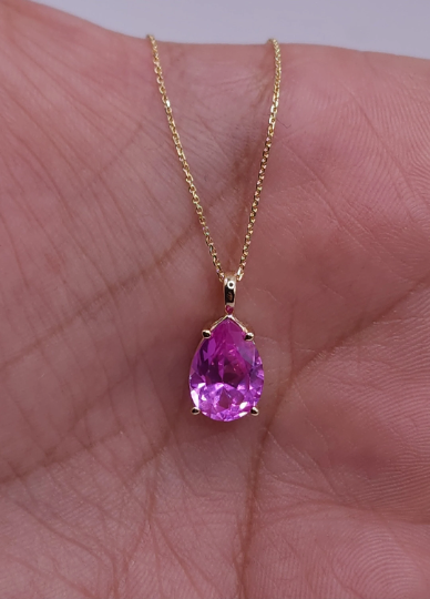 14Kt Gold Pink Sapphire Teardrop Pendant Necklace