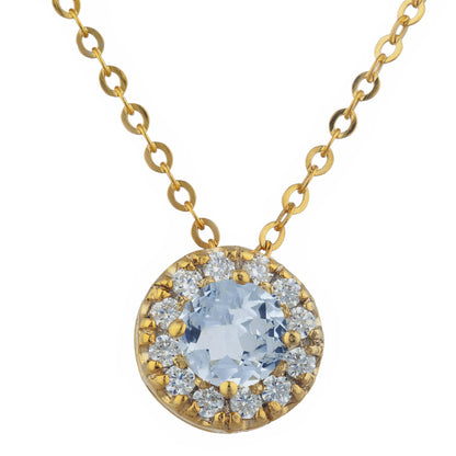 14Kt Gold 0.50 Ct Genuine Aquamarine Halo Design Pendant Necklace