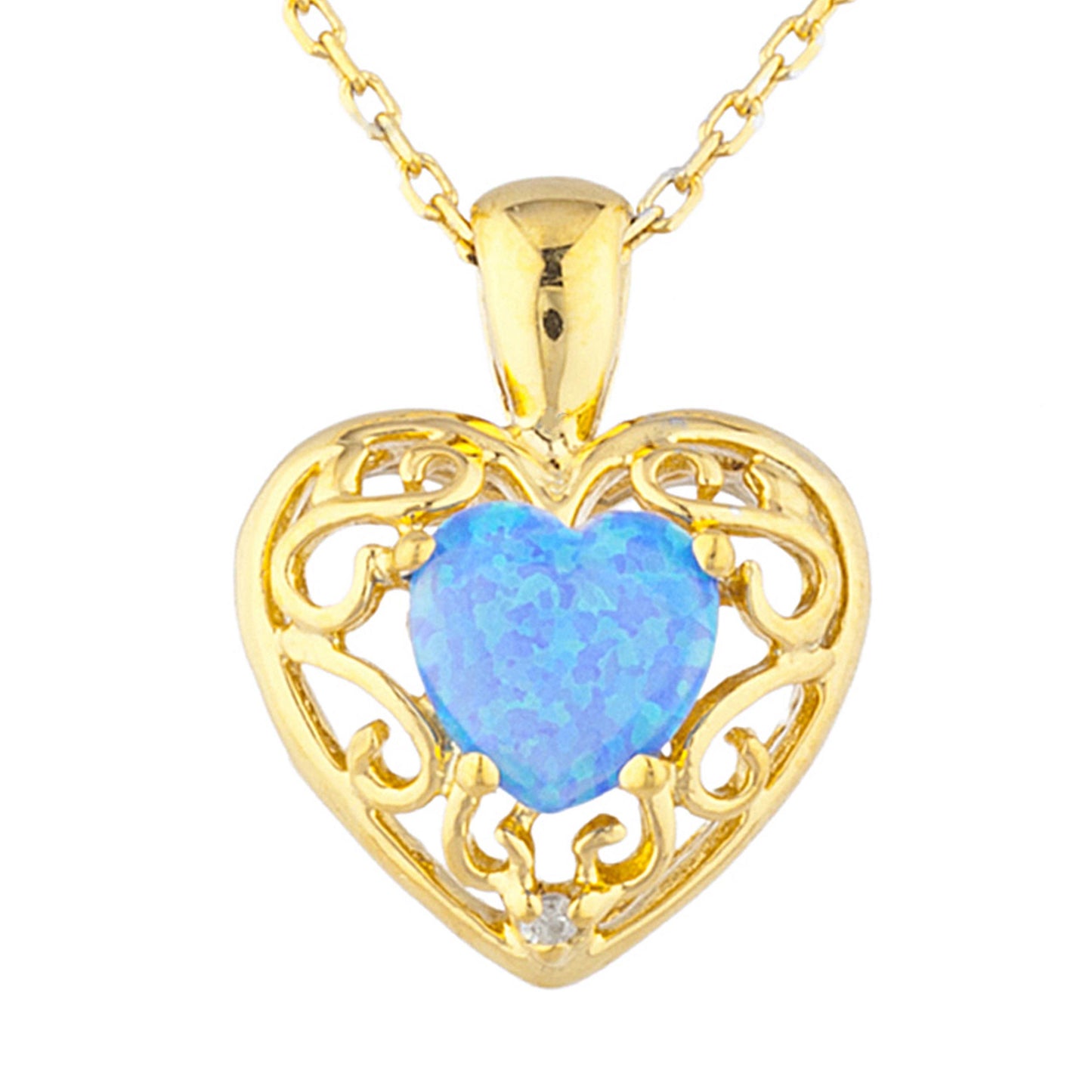 14Kt Gold Blue Opal & Diamond Heart LOVE ENGRAVED Pendant Necklace