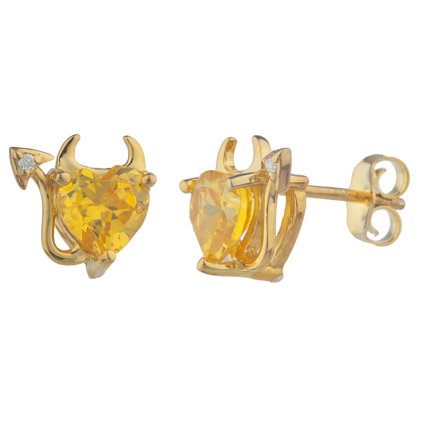 Yellow Citrine & Diamond Devil Heart Stud Earrings 14Kt Yellow Gold Plated