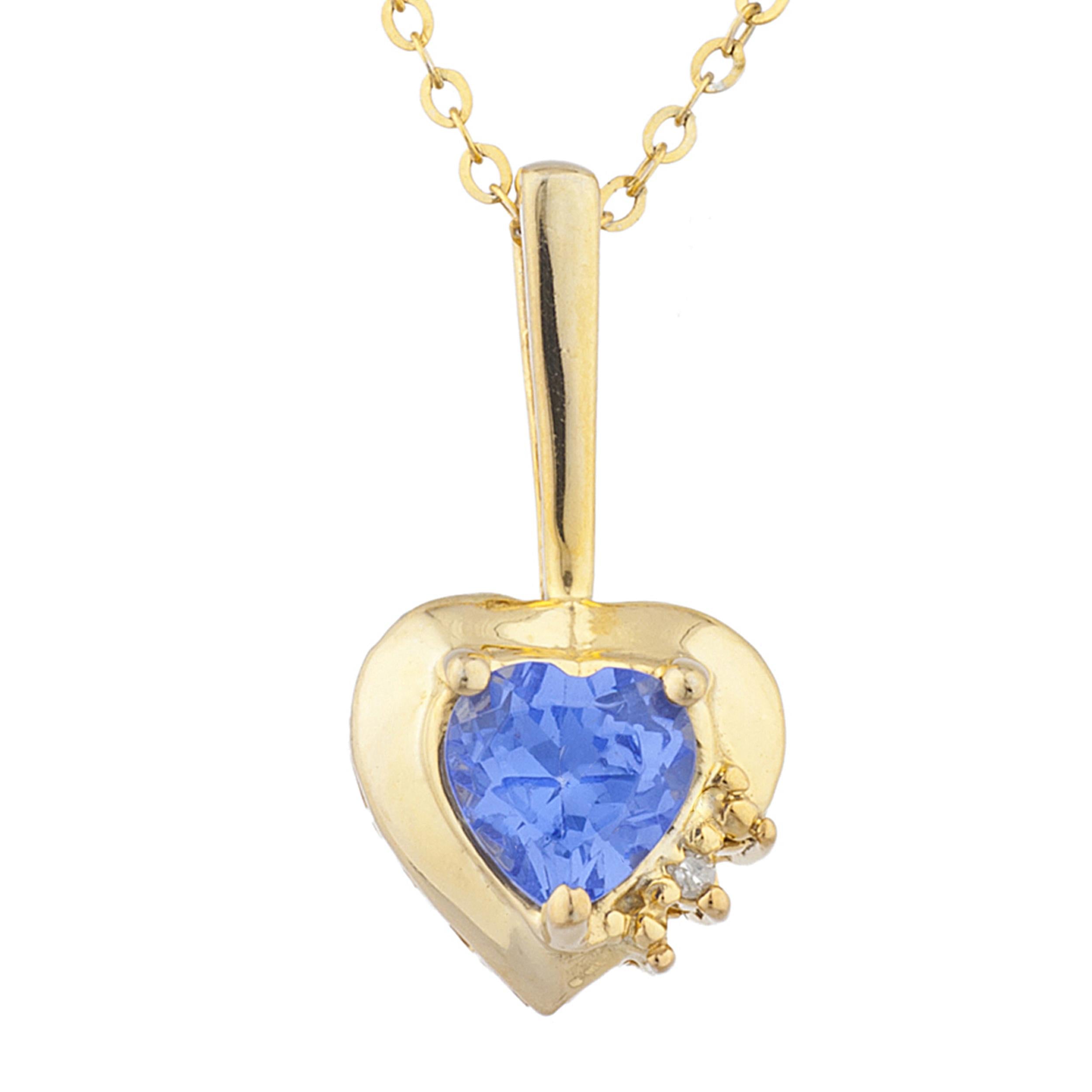 14Kt Gold Tanzanite & Diamond Heart Design Pendant Necklace