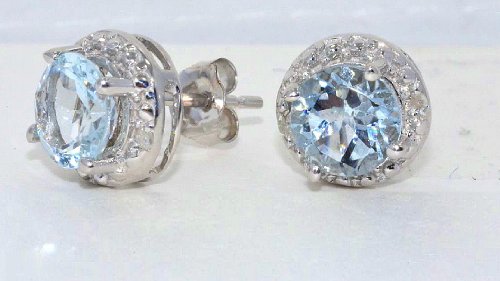 2 Ct Genuine Aquamarine Round Diamond Stud Earrings .925 Sterling Silver