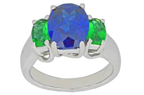 4 Ct Created Blue Sapphire & Emerald Oval Ring .925 Sterling Silver Rhodium Finish