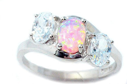 7x5mm Pink Opal & Zirconia Oval Ring .925 Sterling Silver Rhodium Finish