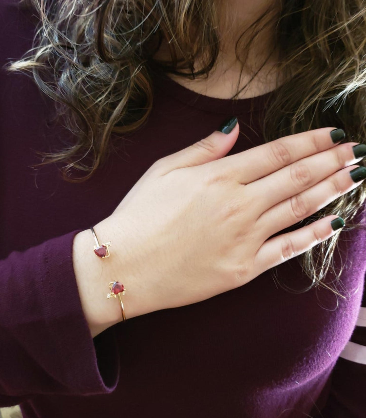 14Kt Gold Garnet & Diamond Devil Heart Bangle Bracelet