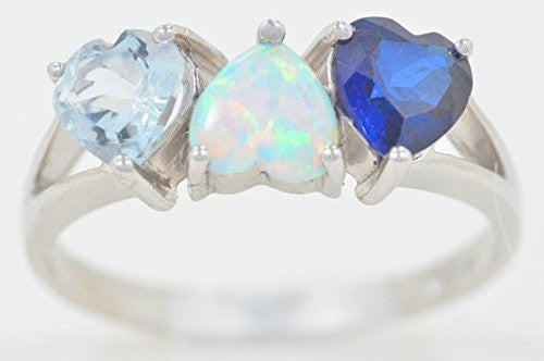 2 Ct Blue Sapphire Opal & Aquamarine Heart Ring .925 Sterling Silver Rhodium Finish