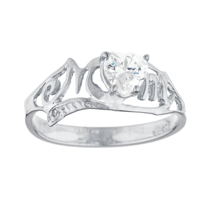 White Sapphire & Diamond Heart Mom Ring .925 Sterling Silver