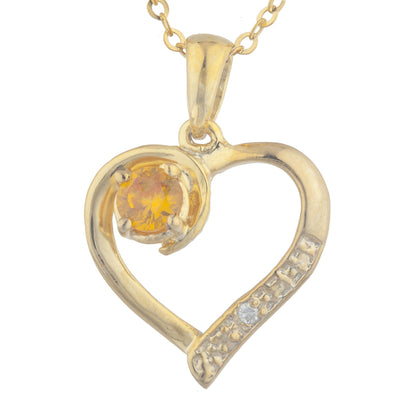 14Kt Yellow Gold Plated Orange Citrine & Diamond Heart Pendant