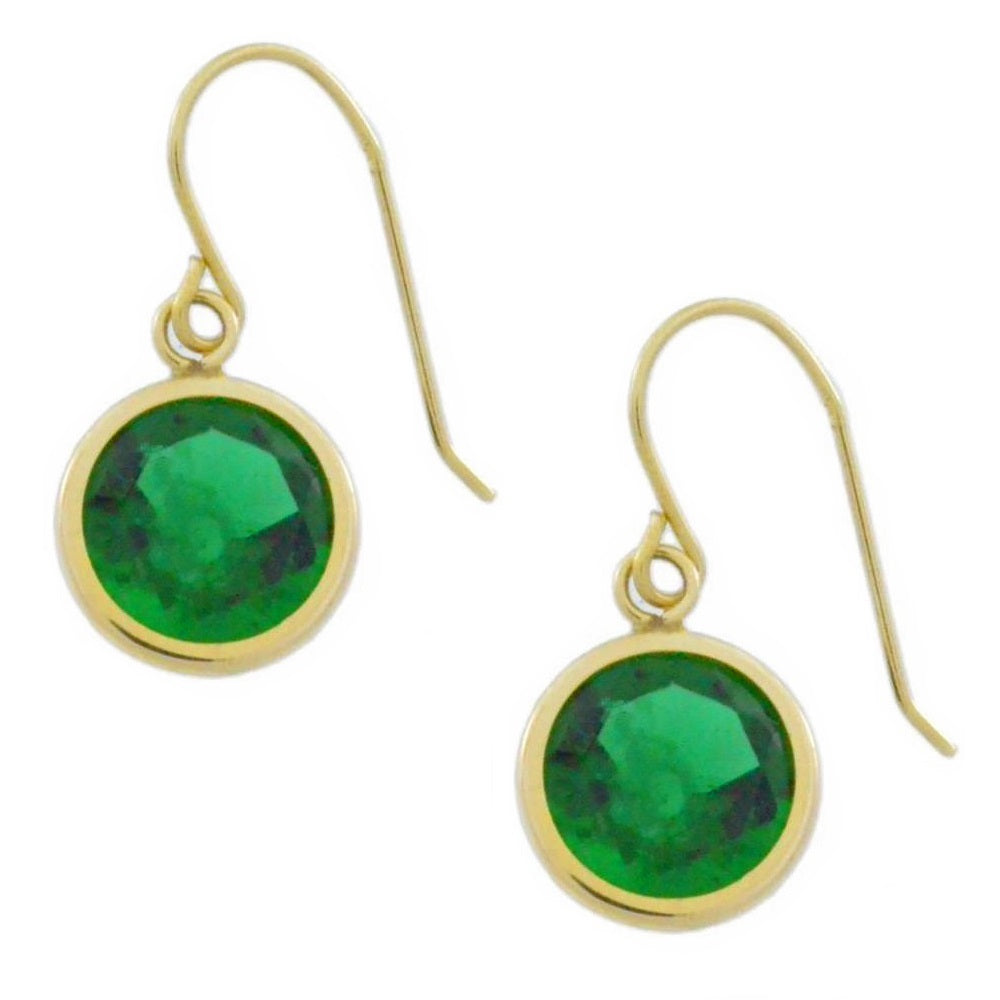 14Kt Yellow Gold Emerald 8mm Round Bezel Dangle Earrings