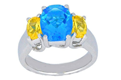 4 Ct Swiss Blue Topaz & Citrine Oval Ring .925 Sterling Silver Rhodium Finish