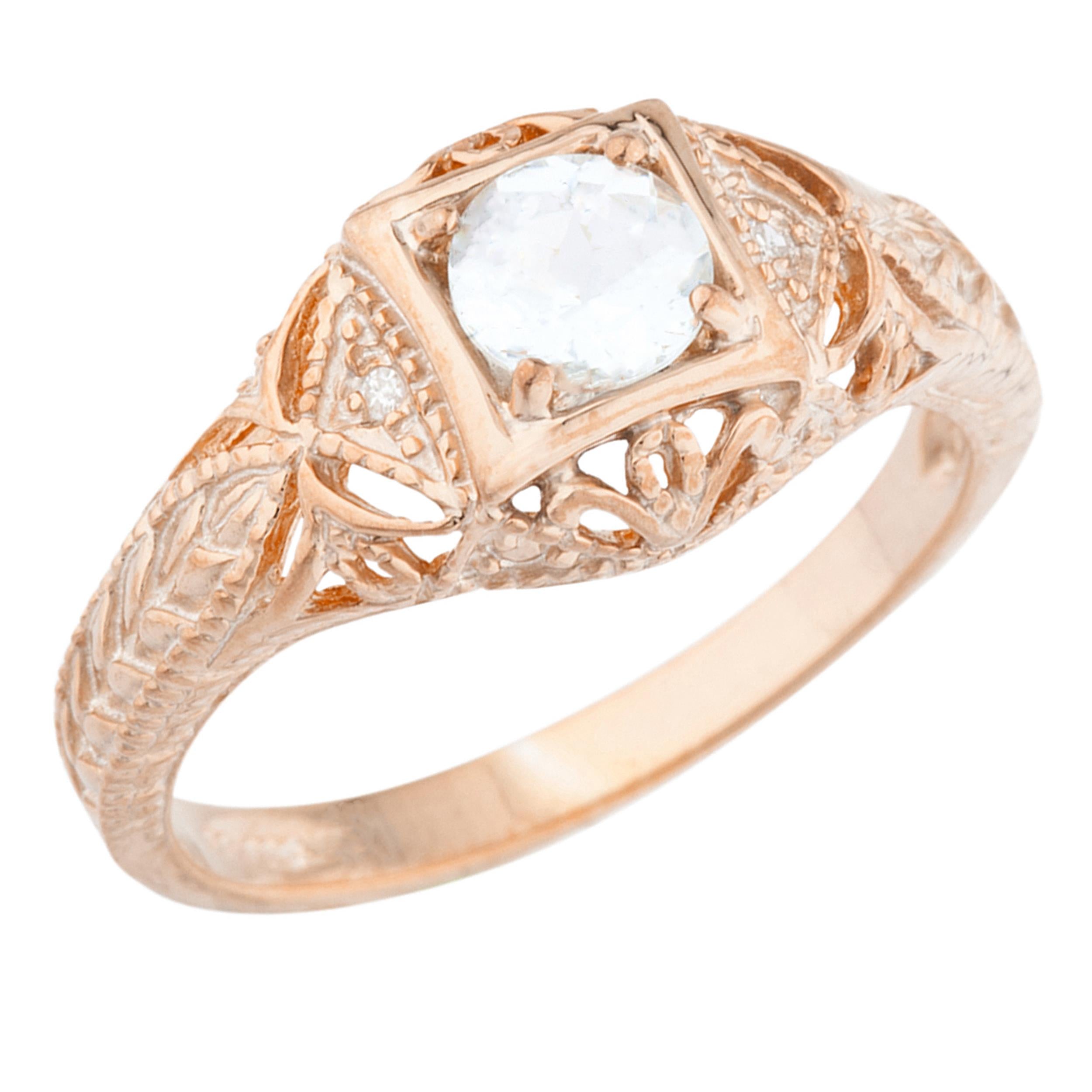 14Kt Gold Genuine Aquamarine & Diamond Design Round Ring