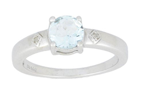 1 Ct Genuine Aquamarine & Diamond Round Ring .925 Sterling Silver Rhodium Finish