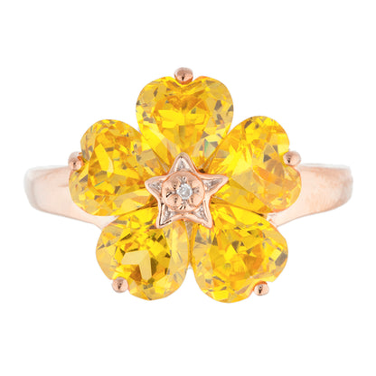 14Kt Gold Yellow Citrine & Diamond Heart Flower Design Ring