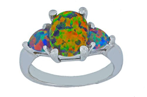 10x8mm Black Opal Oval & Heart Ring .925 Sterling Silver Rhodium Finish