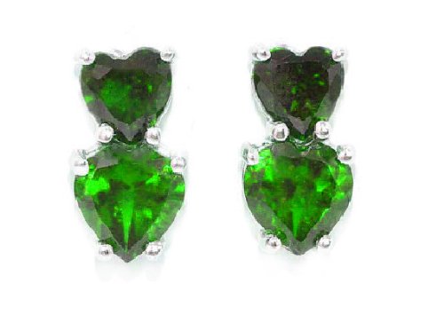 3 Ct Created Emerald Double Heart Stud Earrings .925 Sterling Silver