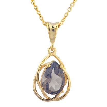 14Kt Gold 2 Ct Genuine Smoky Topaz Pear Teardrop Design Pendant Necklace