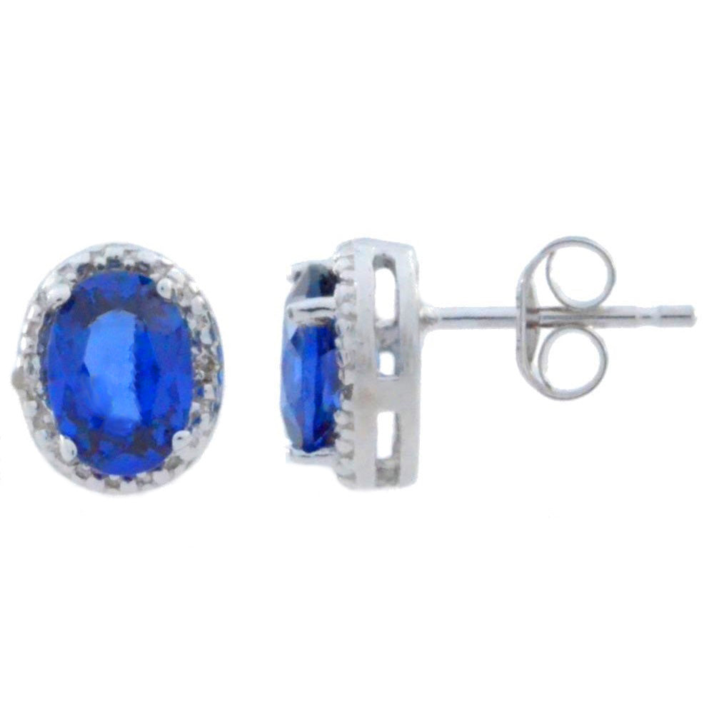 14Kt White Gold Blue Sapphire & Diamond Oval Stud Earrings