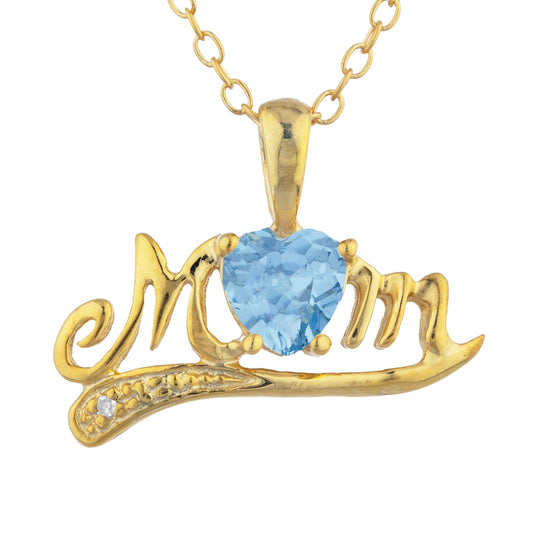 14Kt Yellow Gold Plated Blue Topaz & Diamond Heart Mom Pendant