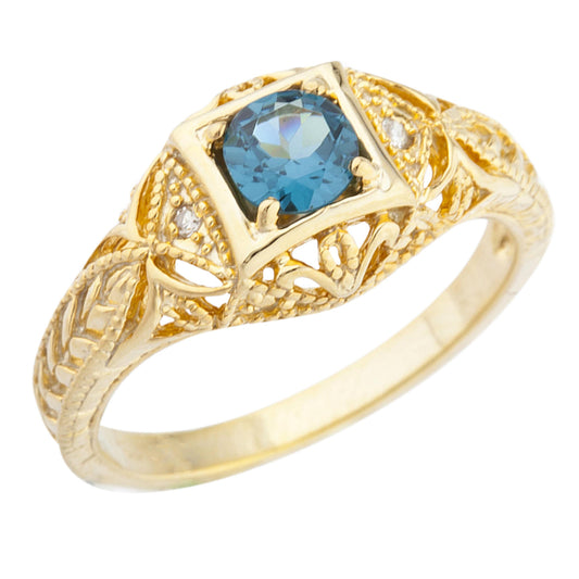 14Kt Gold London Blue Topaz & Diamond Design Round Ring