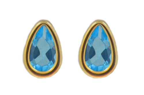 14Kt Yellow Gold Blue Topaz Pear Bezel Stud Earrings