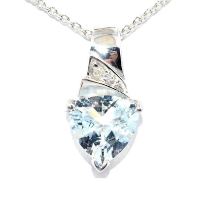 14Kt Gold 1.5 Ct Genuine Aquamarine & Diamond Trillion Pendant Necklace