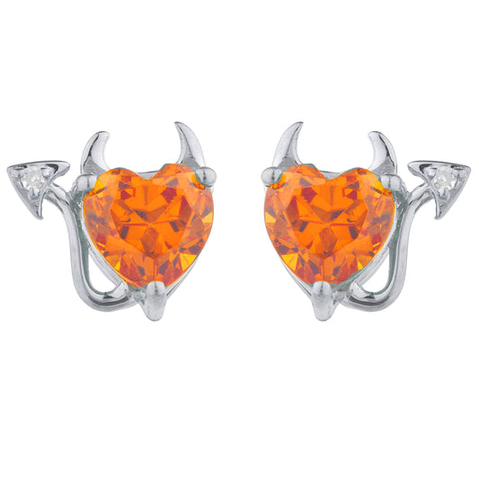 Orange Citrine & Diamond Devil Heart Stud Earrings 14Kt White Gold