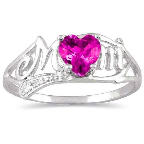 .50 Ct Pink Sapphire Heart & Diamond Mom Ring .925 Sterling Silver Rhodium Finish