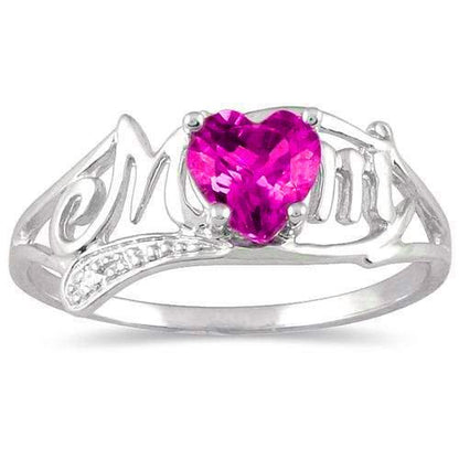 .50 Ct Pink Sapphire Heart & Diamond Mom Ring .925 Sterling Silver Rhodium Finish