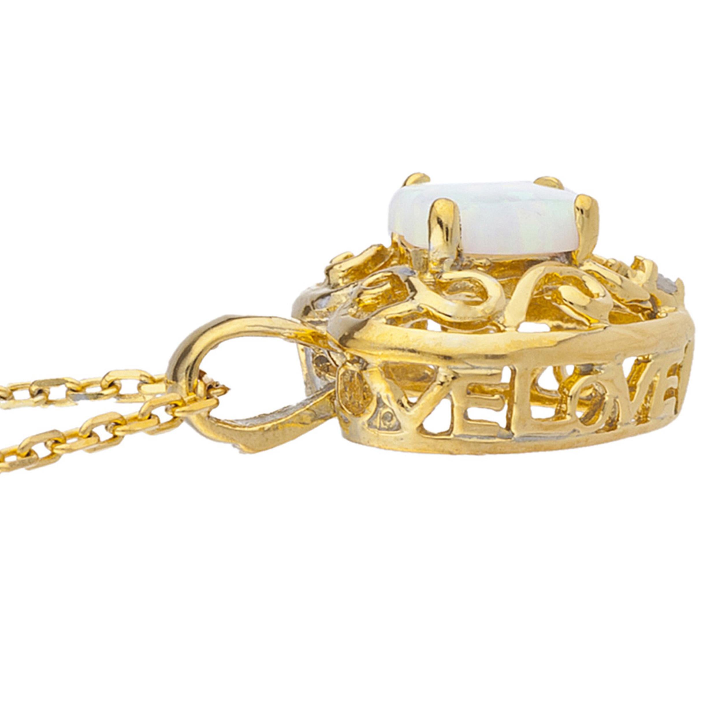 14Kt Gold Opal & Diamond Heart LOVE ENGRAVED Pendant Necklace