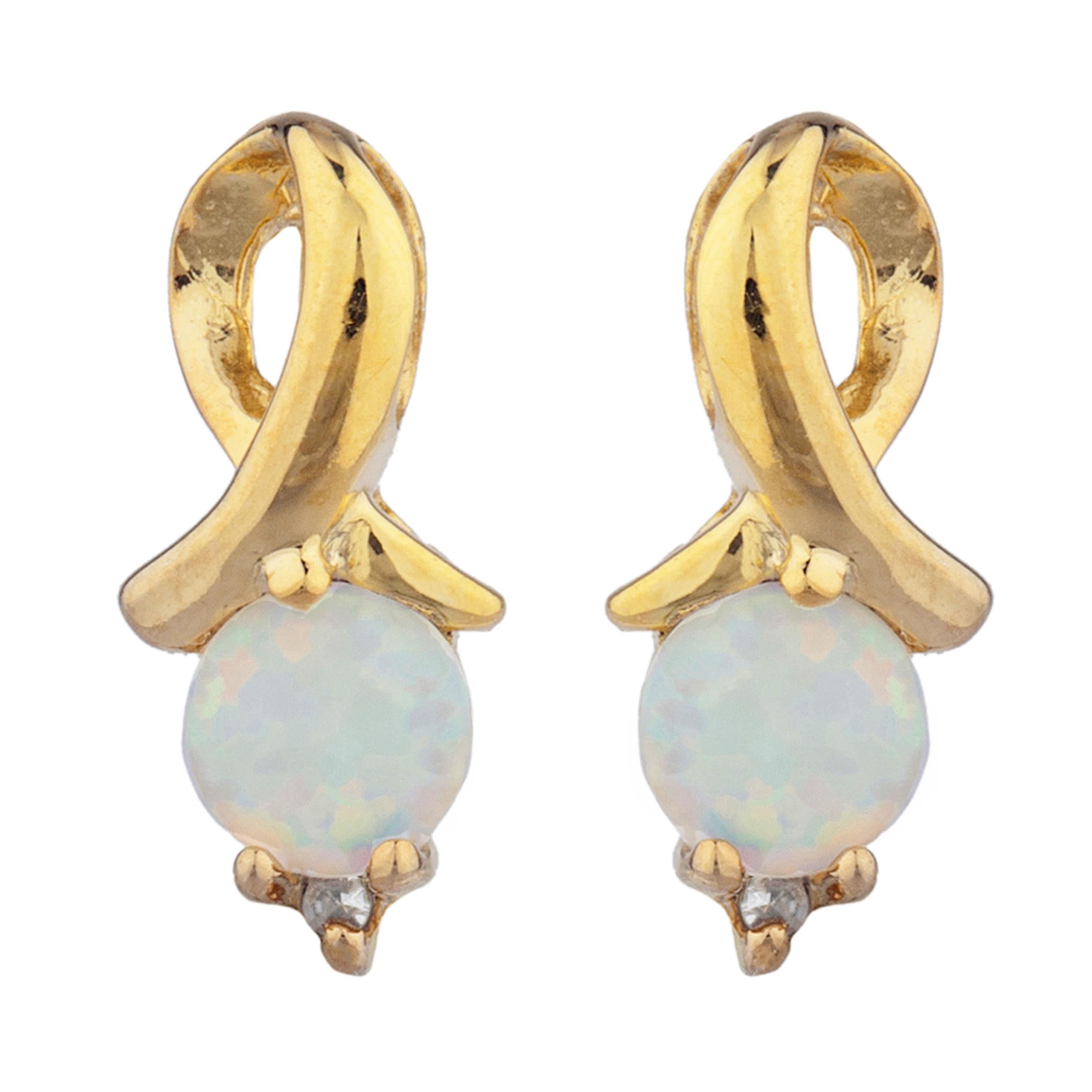 14Kt Gold Opal & Diamond Round Design Stud Earrings