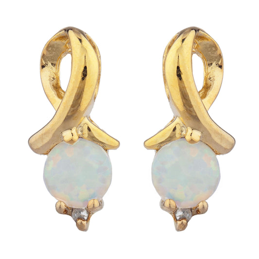 14Kt Gold Opal & Diamond Round Design Stud Earrings