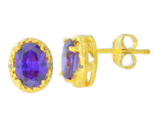 2 Ct Amethyst & Diamond Oval Stud Earrings 14Kt Yellow Gold Plated